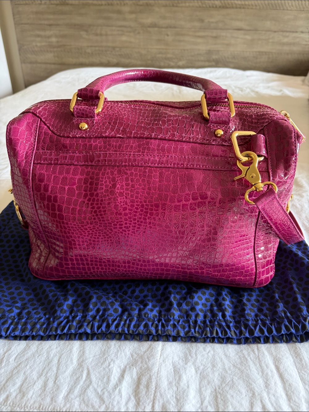 Rebecca Minkoff MAB Croc-Embossed Fuchsia Satchel Handbag - Picture 2 of 9